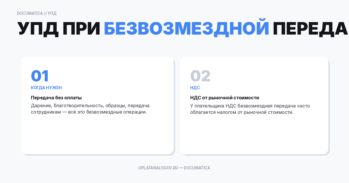 Безвозмездная передача и УПД: как оформить, что с НДС и налогами, примеры и типовые ошибки