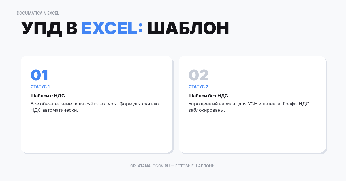 УПД в Excel: шаблон, заполнение и проверка (статус 1/2, НДС)